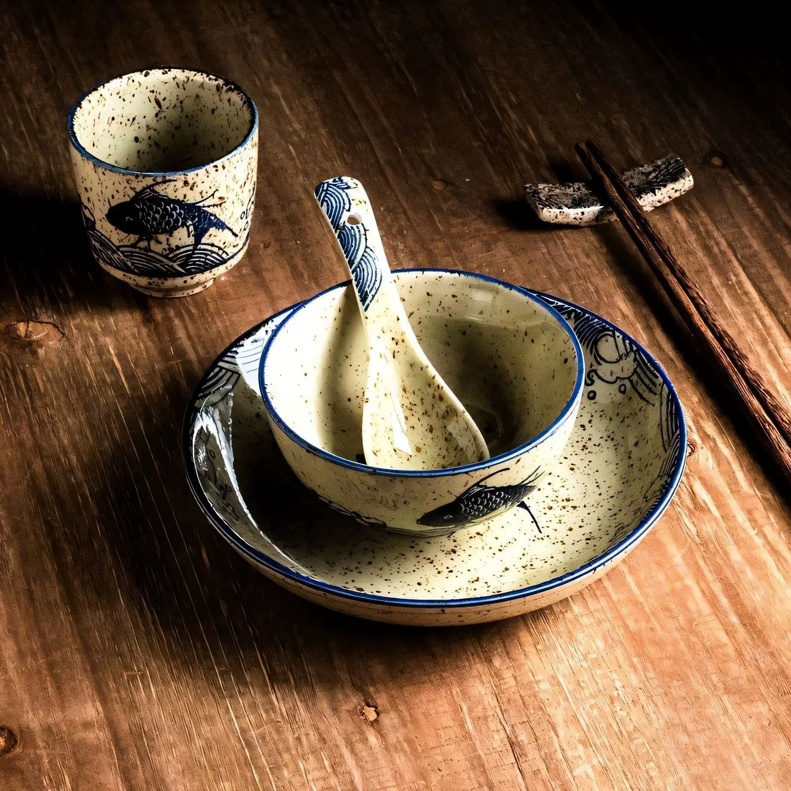 4PCS Aesthetic Home Restaurant Ceramic Tableware Set Wabi-sabi Japanese-style Ambiance Bowl Spoon Plate