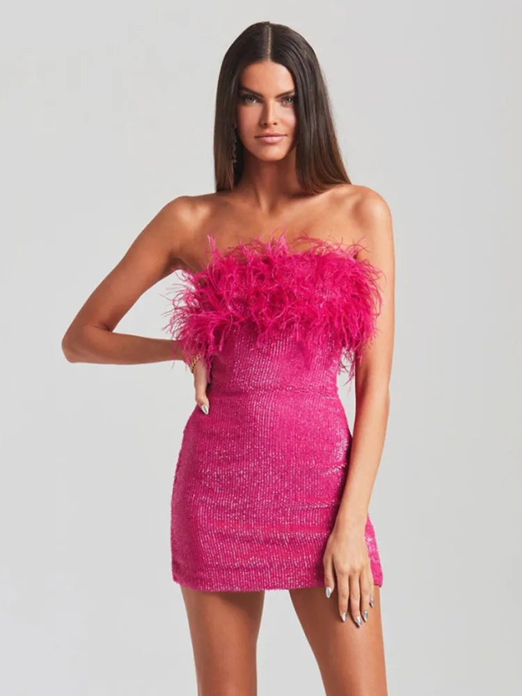 Imagem -02 - Vestido de Avestruz Feminino Bodycon Lantejoulas Rosa Quente Rua Alta Natal Festa de Natal Sexy Inverno 2023