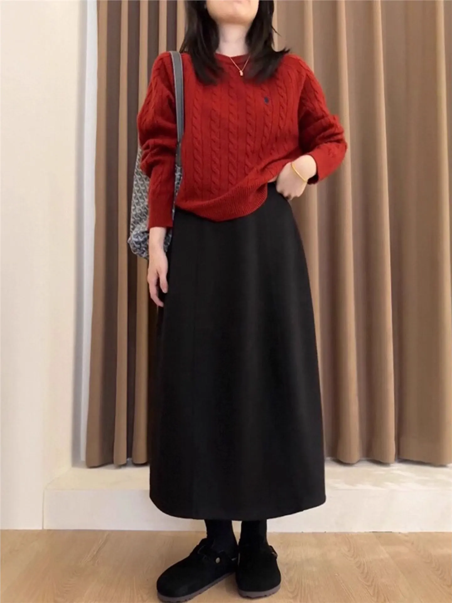 Falda acampanada de cintura alta de lana ay, falda larga informal adelgazante de talla grande con forma de pera y abeja para mujer, mezcla de algodón coreano Sle