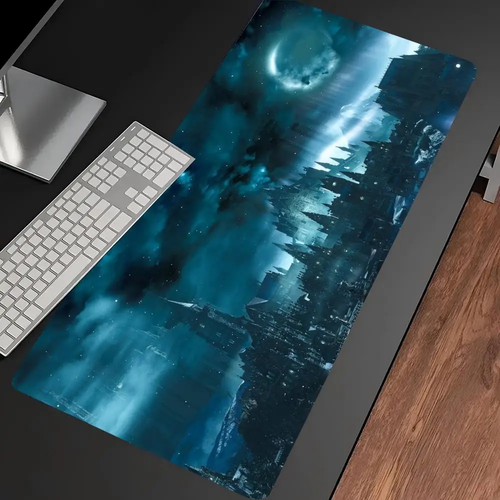 Dark Moon Gothic Castle Print Gaming Mouse Pad Large Desk Mat Anti-Slip Rubber Base Stitched Edge Keyboard Mat For Laptop