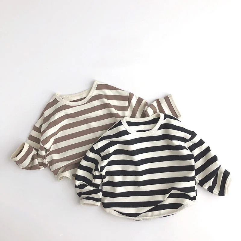 

2024 New Spring Children Long Sleeve Striped T Shirts Cotton Baby Casual Sweatshirt Loose Boys Girls Pullover Kids Tee Clothes