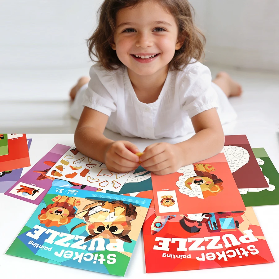 Children 3D Geometric Sticker Puzzle, DIY Cartoon Puzzle Sticker Books, Portable Collage Handmade Sticker Toy Gifts for Kids