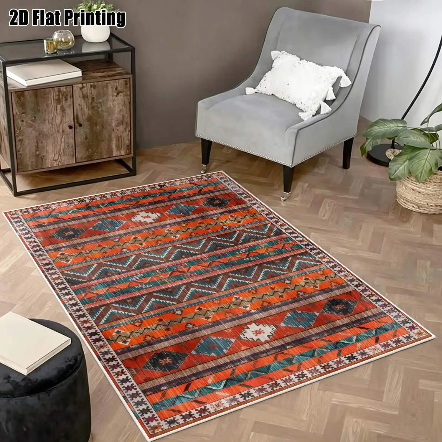 1Pc 2D Printed Velvet Retro Geometric Carpet, Multi-Style, Multi-Size, Machine Washable, for Home Decor & Multi-Scene Use