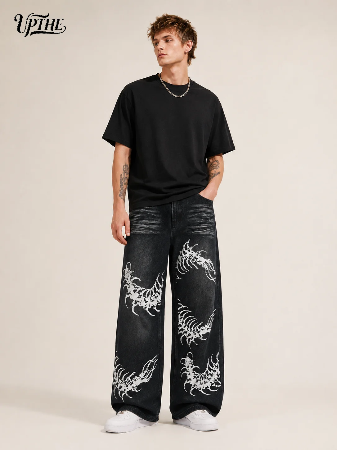 UP.THE Men Black Faded Baggy Wide Leg Jeans, Y2K Oversized Loose White Centipede Skeleton Print Denim Pants, Gothic Grunge Streetwear Trousers for Daily Outfits - view 5