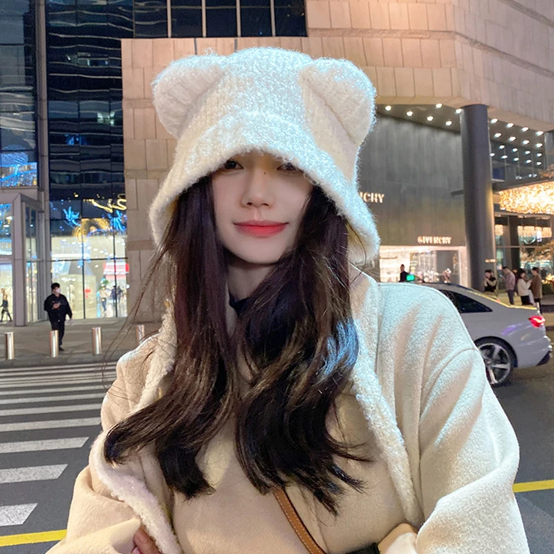 Cute Bear Ear Wool Hat Winter Beanies Warm Lace-up Ear Protection Knitted Bomber Cap Bonnets Knitting Korea Women Warm