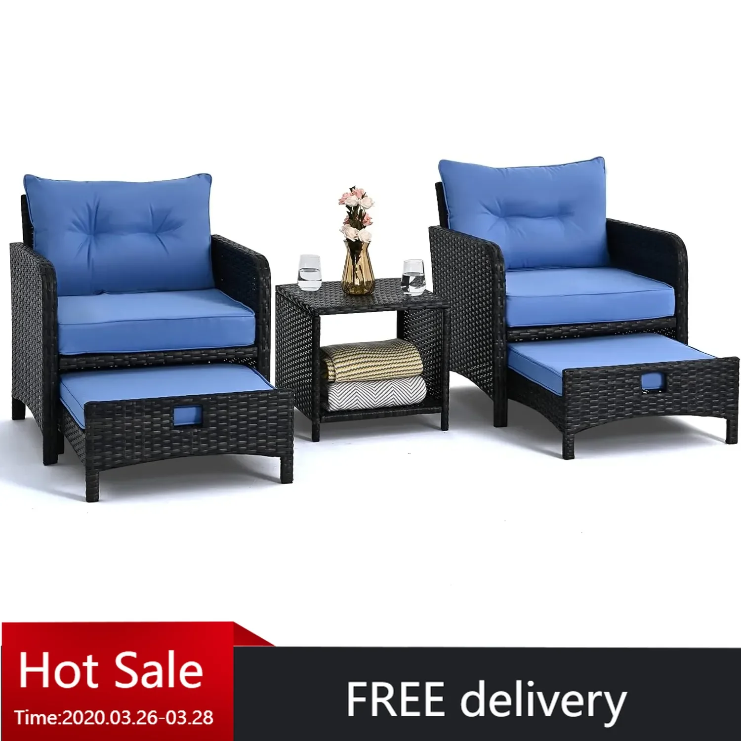 5 Pieces Wicker Patio Furniture Set Outdoor Patio Chairs with Ottomans Conversation Furniture(Blue Cushion + Black Rattan)