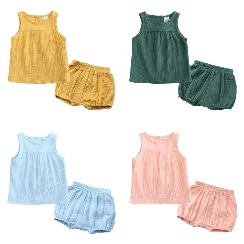 

2025 Fashion Baby Girl sets Cotton Linen Toddler Girls Clothes Sleeveless Vest + Shorts 2 PCS Soild Color Kid Suit 3M-4T