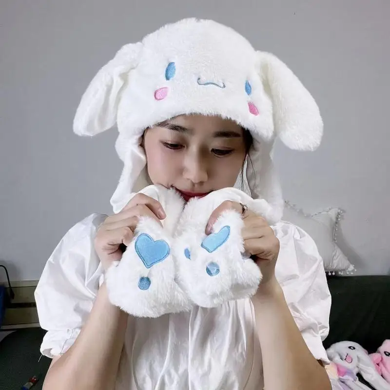 Funny Sanrio Cinnamoroll Hello Kitty Kuromi Plush Hat Soft Comfortable Hat Pinch Your Paw and It Moves Ear Doll Hat Kid Toy Gift