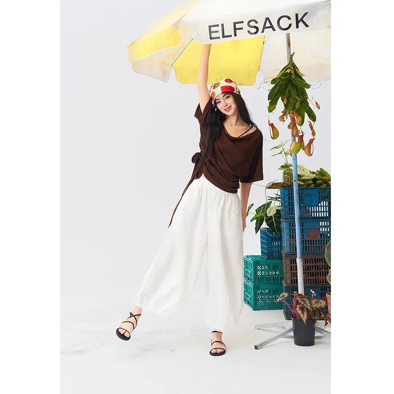 ELFSACK  Loose Harem Bloomers Pants with Lace Trim, Solid Color Cotton Linen Trousers for Vacation, Casual Sweet Bottom