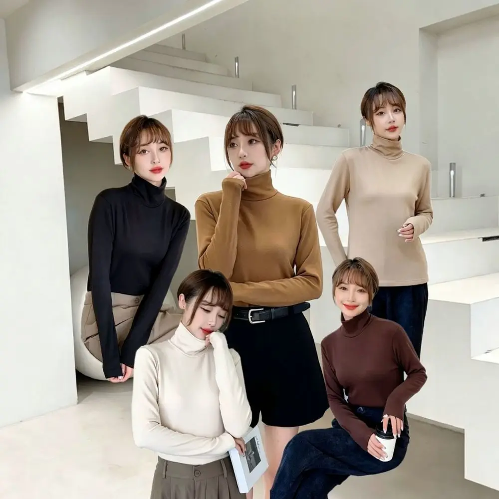 Soft Warm Turtleneck Thermal Shirt Women Long Sleeve Slim Fit Brushed Velvet Underwear For Autumn Winter Clothing