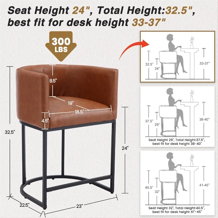 Modern Barrel Counter Height Bar Stool 24 Inch Kitchen Bar Stool with Back PU Leather Barstool Bar Height for Island with Black