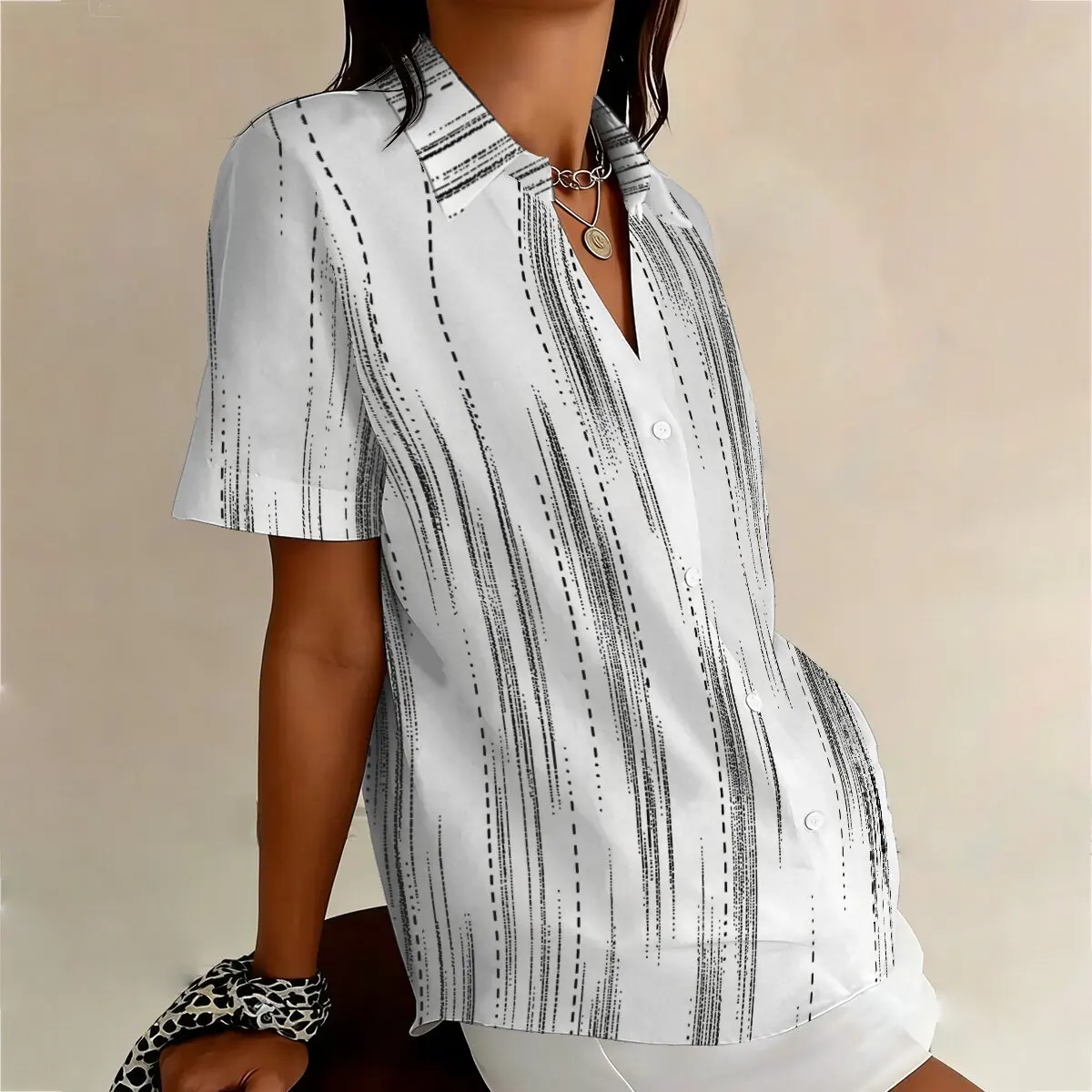 Fashion Women's Plus-Size Short-Sleeve Shirt for Summer, Ink-Wash Minimalist Literary Style, Elegant and Suitable for Workplace view 3