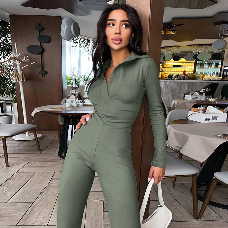 

Fashion Turn-down Collar Jumpsuit Women Spring Autumn Long Sleeve Wide Legs Jumpsuits Femme Streetwear Lapel Body Overalls