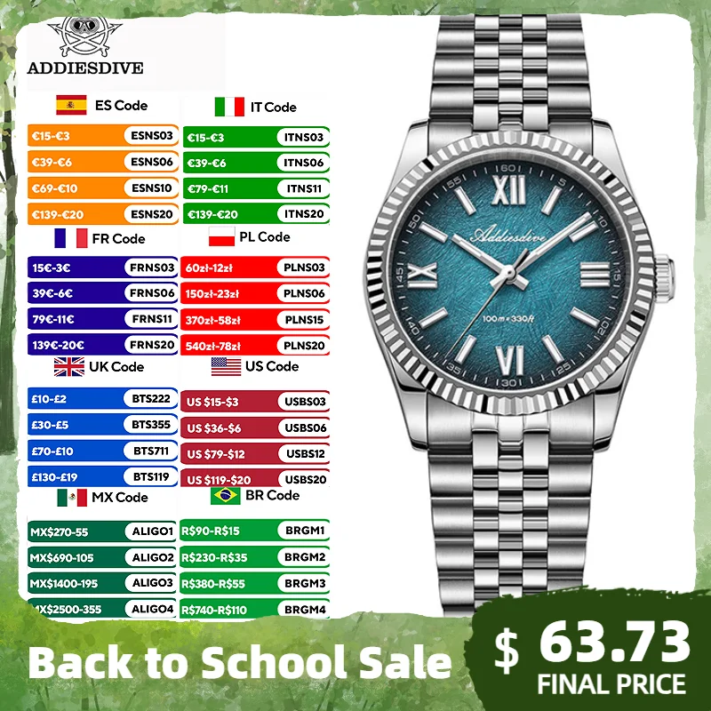 ADDIESDIVE Neue 36mm Uhr für Männer AD2512 Luxus Sapphire VH31 Quarz Armbanduhr 100m Wasserdicht Edelstahl Leuchtende Uhren