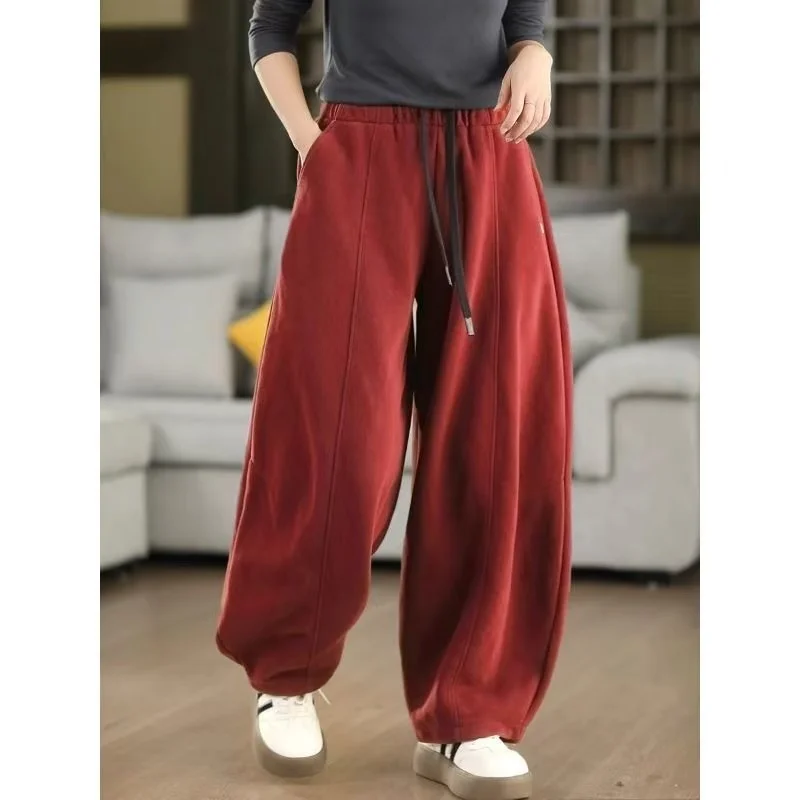 Thiened Fce Autunno Inverno New Sle Pantaloni casual da donna a vita alta in fibra di poliestere Pantaloni caldi Coltello Vestibilità ampia