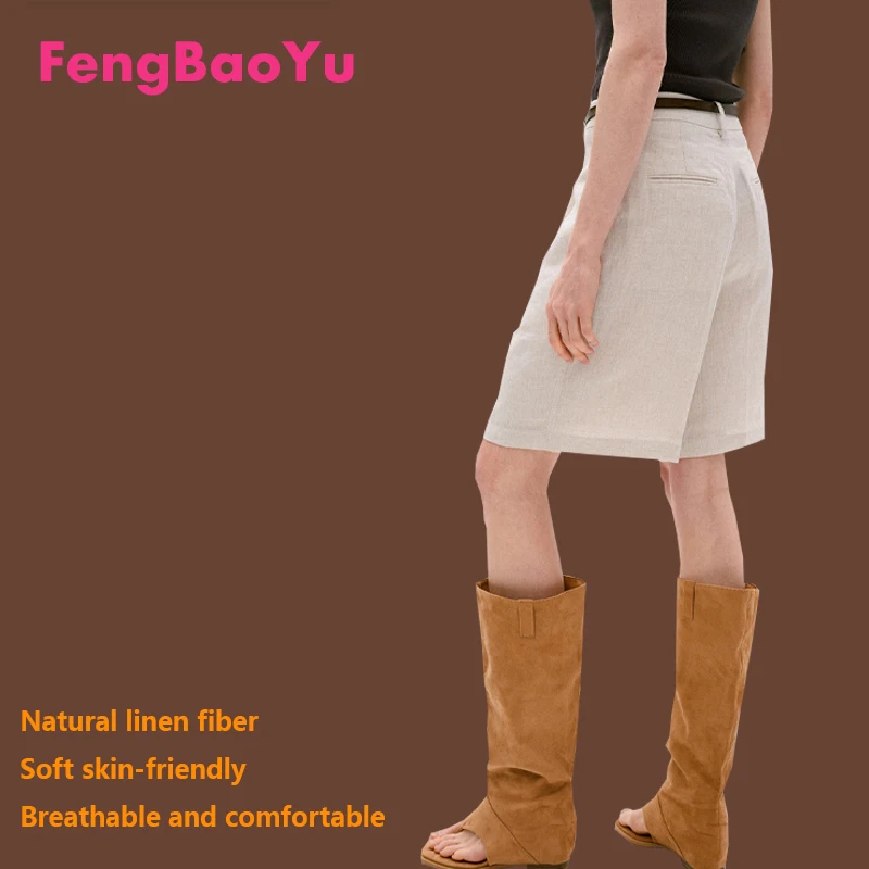 

Fengbaoyu High-end 100% Pure Linen Women's Five-Piece Pants - Simple and Elegant Straight Pants for Outdoor Leisure