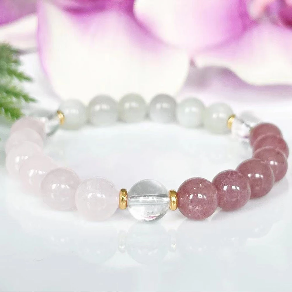

MG1912 8 MM Moonstone Rose Quartz Strawberry Quartz Bracelet Womens Natural Gemstone Beaded Chakra Wrist Jewelry