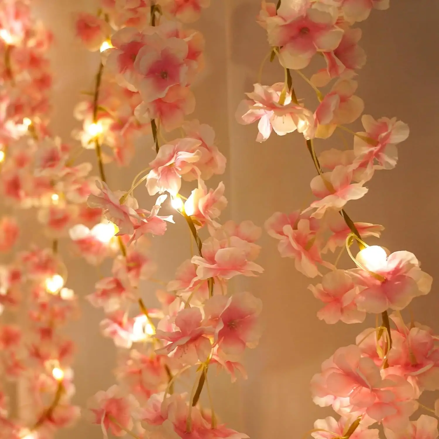 Guirnalda de plantas artificiales, luces de enredaderas de flores artificiales para dormitorio, fiesta, decoración navideña, 2M, 20LED, luz de flor de cerezo