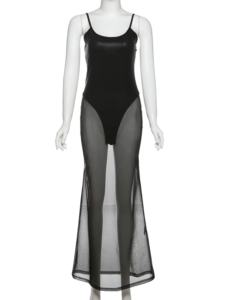 Cutenew Spaghetti Jurken Vrouwen Sexy Coquette Patchwork Mesh Sheer Decolleté Rechte Maxi Vestidos Mujer Party Clubwear