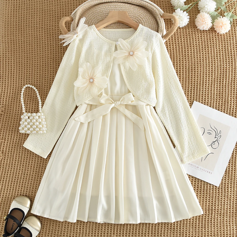 Beige  Autumn New Girls and Teenagers Aged 9-12 Clothes 3D Flower Long Sleeved Cardigan Top+Suspender Dress Children's Suit