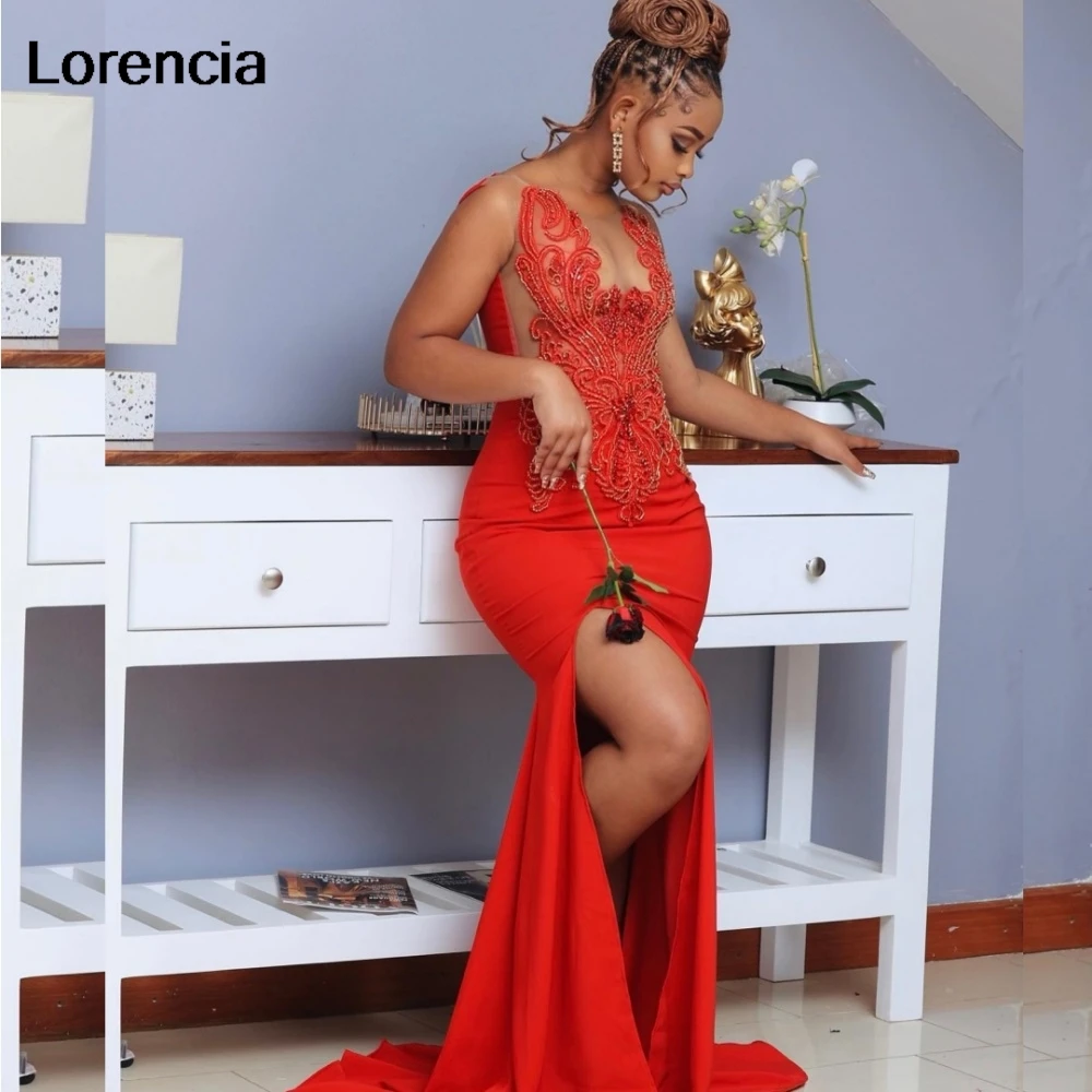 

Customized Aso Ebi Sexy Red Mermaid Prom Dress Glitter Crystal Beaded High Slit African Women Evening Gown Robe De Sorrie YPD271