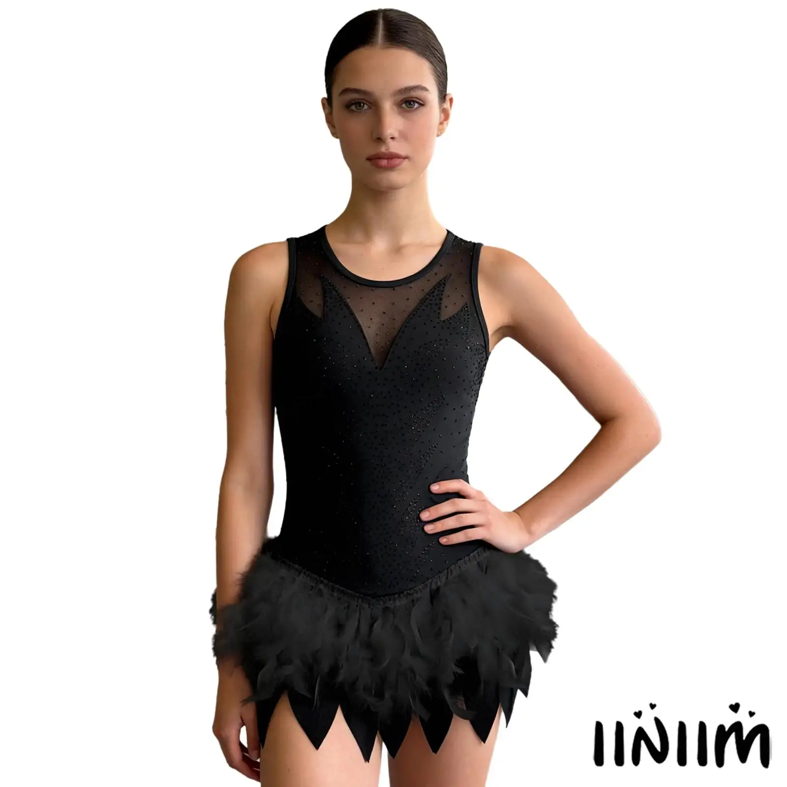 

Women Rhinestone Ballet Leotard Fuzzy Feather Trim Irregular Hem Mesh Gymnastics Jumpsuit Figure Skating Tutu Dance Clothing