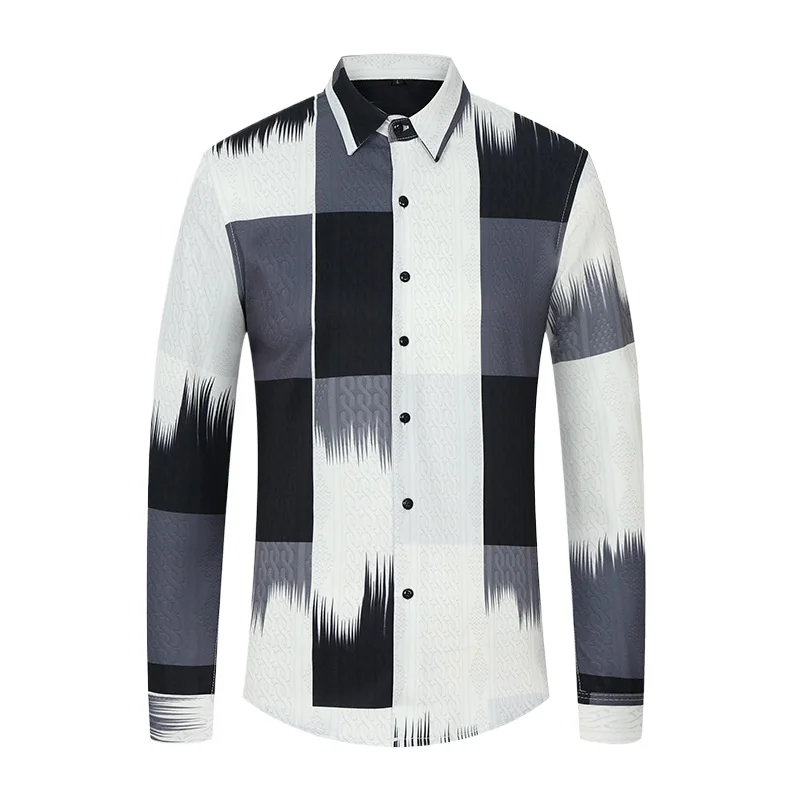 Men's Lapel Non Ironing Long Sleeved Shirt with Digital Printing and Contrasting Color Casual Slim Fit Shirt