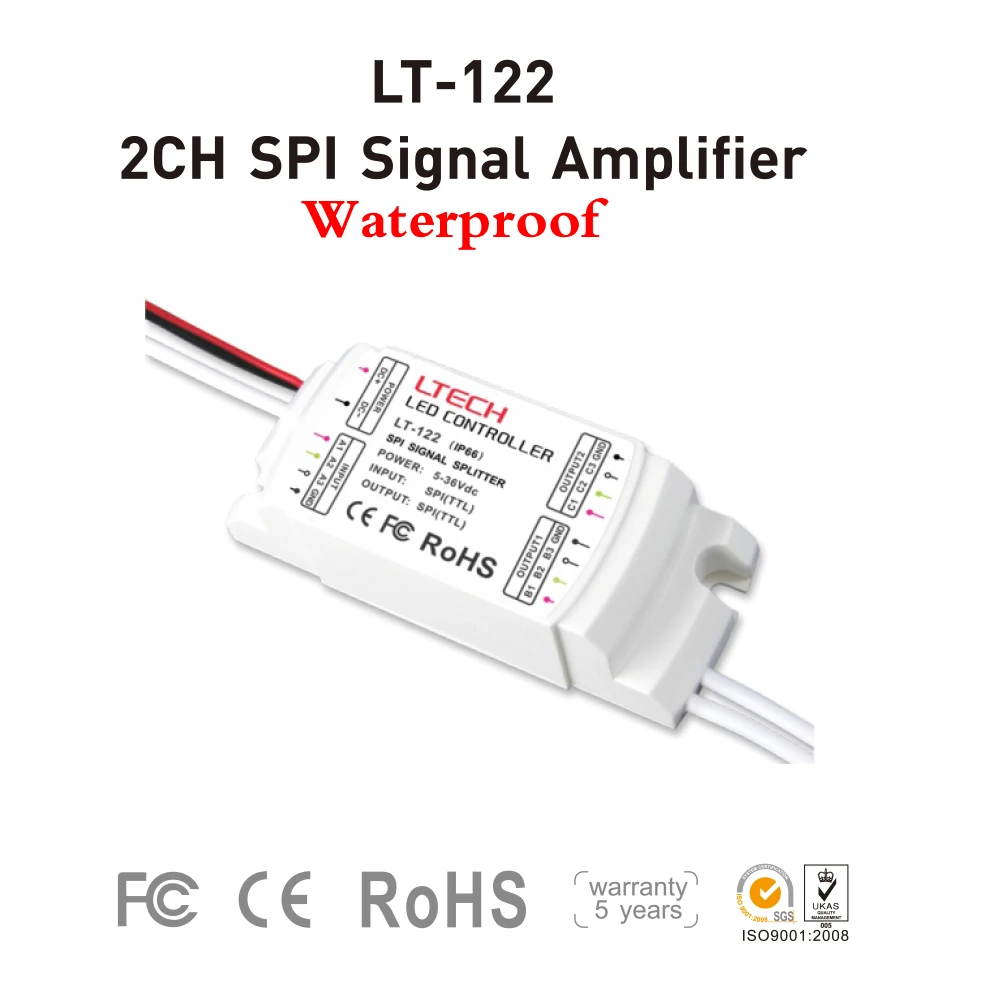 LTECH 2CH Waterproof IP67 SPI Signal Amplifier LT-122 DC5V 12V 24V 36V Master Controller 2811 2801 LED Magic Strip Light Lamp
