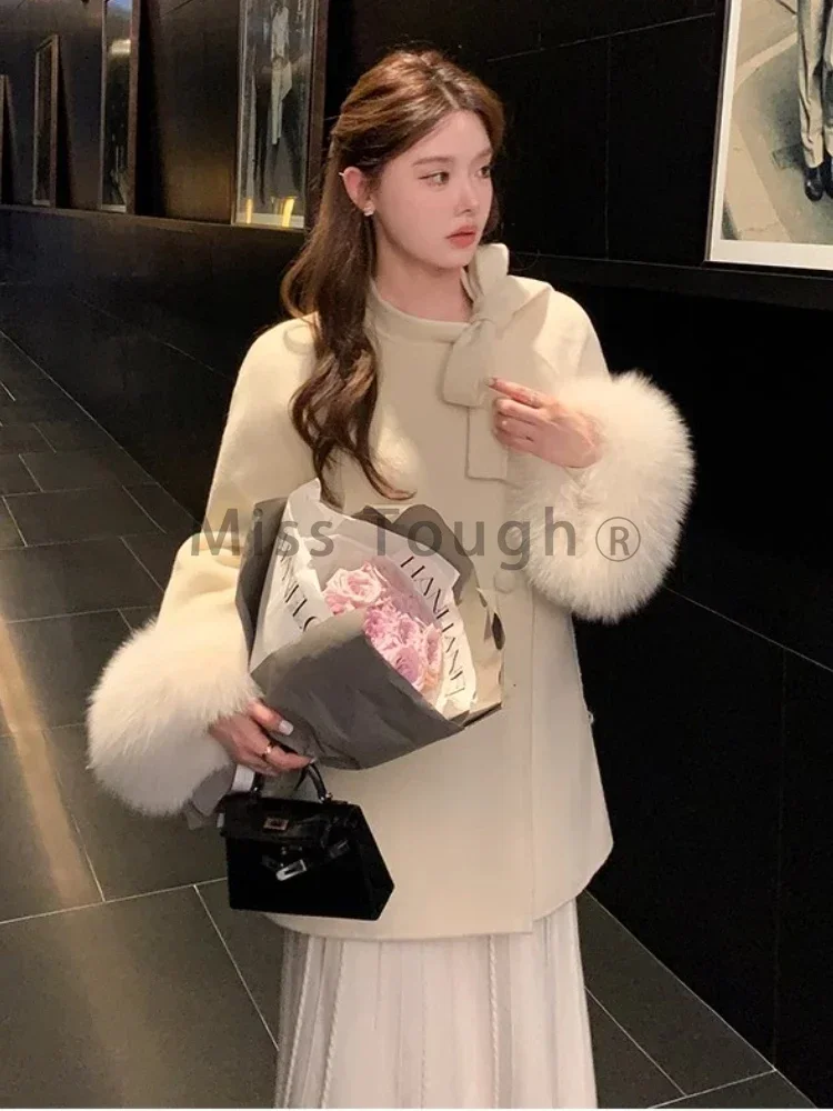 Japanese Elegant Loose Warm Coat Women Bow Casual Solid Vintage Party Tops Female Korean Fashion Chic Overcoat Clothing 2023 New