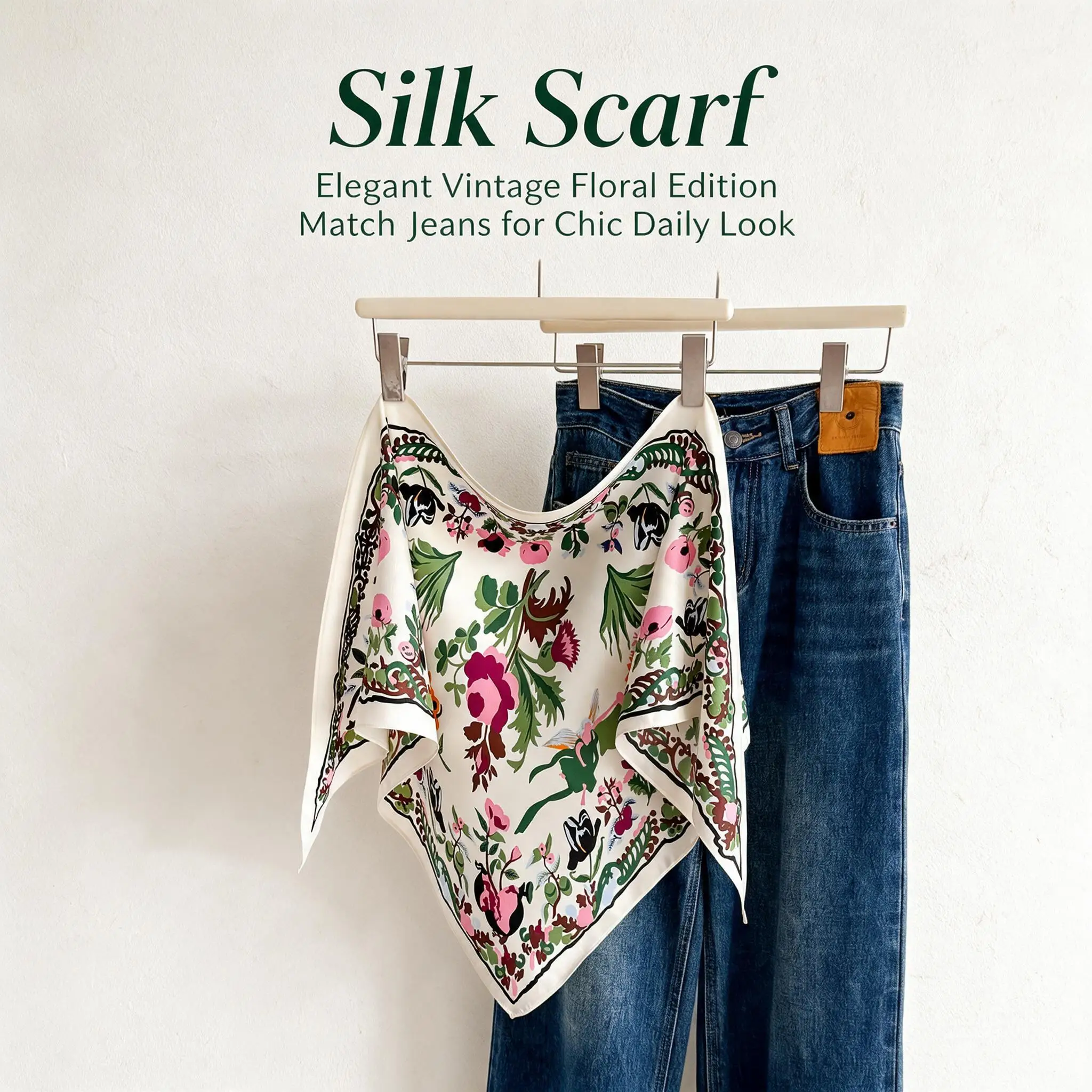 Women Spring Forest Style 100% Silk Triangle Scarf Contrast Color Plant Print Commuter All Match Neck Scarf Five Colors Optional