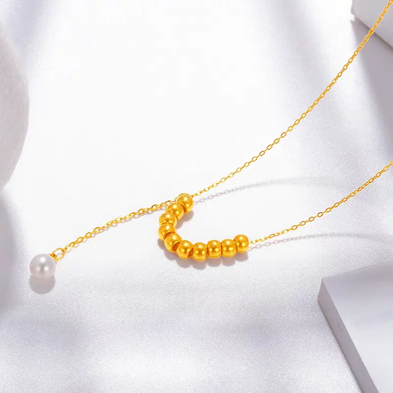 Real 18K gold freshwater pearl Y-chain AU750 gold ball necklace women's boutique jewelry wedding birthday gift X0029