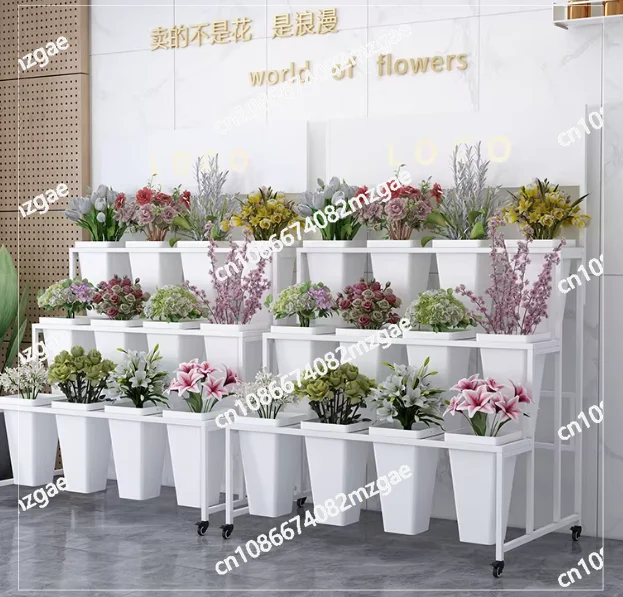 

Florist, flower plastic flower bucket holder, indoor, movable with wheels, wrought iron light luxury display stand