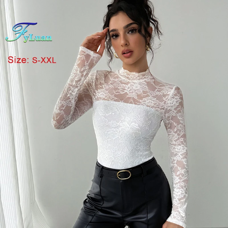 

2025 Europe And America New Lace Long Sleeve Women Tops Fashion Simple White Sheer Mesh Zipper Slimming Base Layer Lady T-Shirt