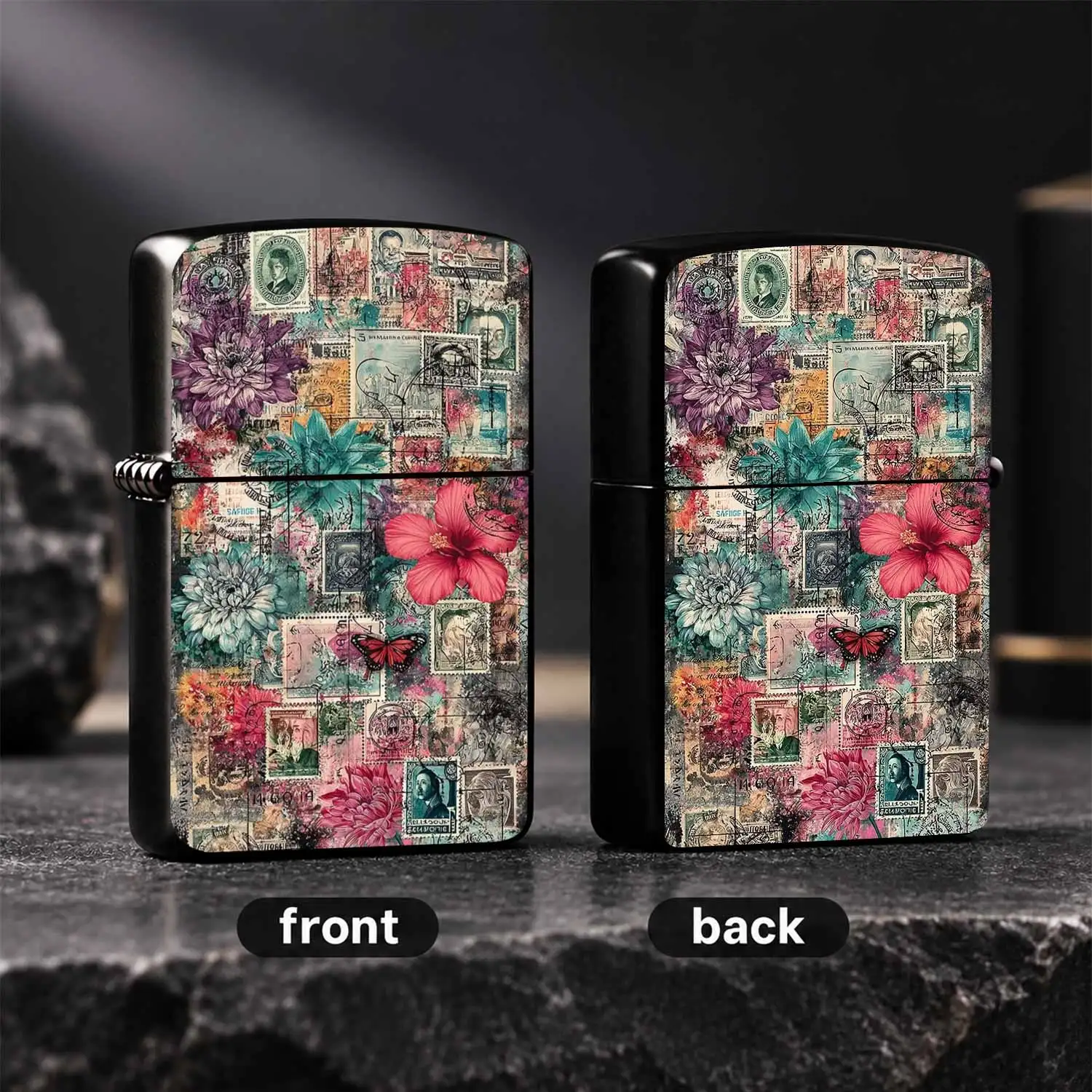 Vintage Floral Stamp Collage Art Style Lighter, Full-Scenario Applicable Portable Daily Accessory, Retro Aesthetic Creative Practical Item, Exquisite Atmospheric Present For Friends And Hobbyists, Unique Artistic Decora A Humorous And Inter