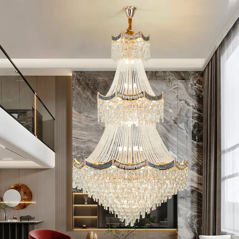 Duplex Large Chandelier Villa Living Room Lamp Mezzanine Ceiling Simple Postmodern Light Luxury Hollow Crystal Long Chandelier