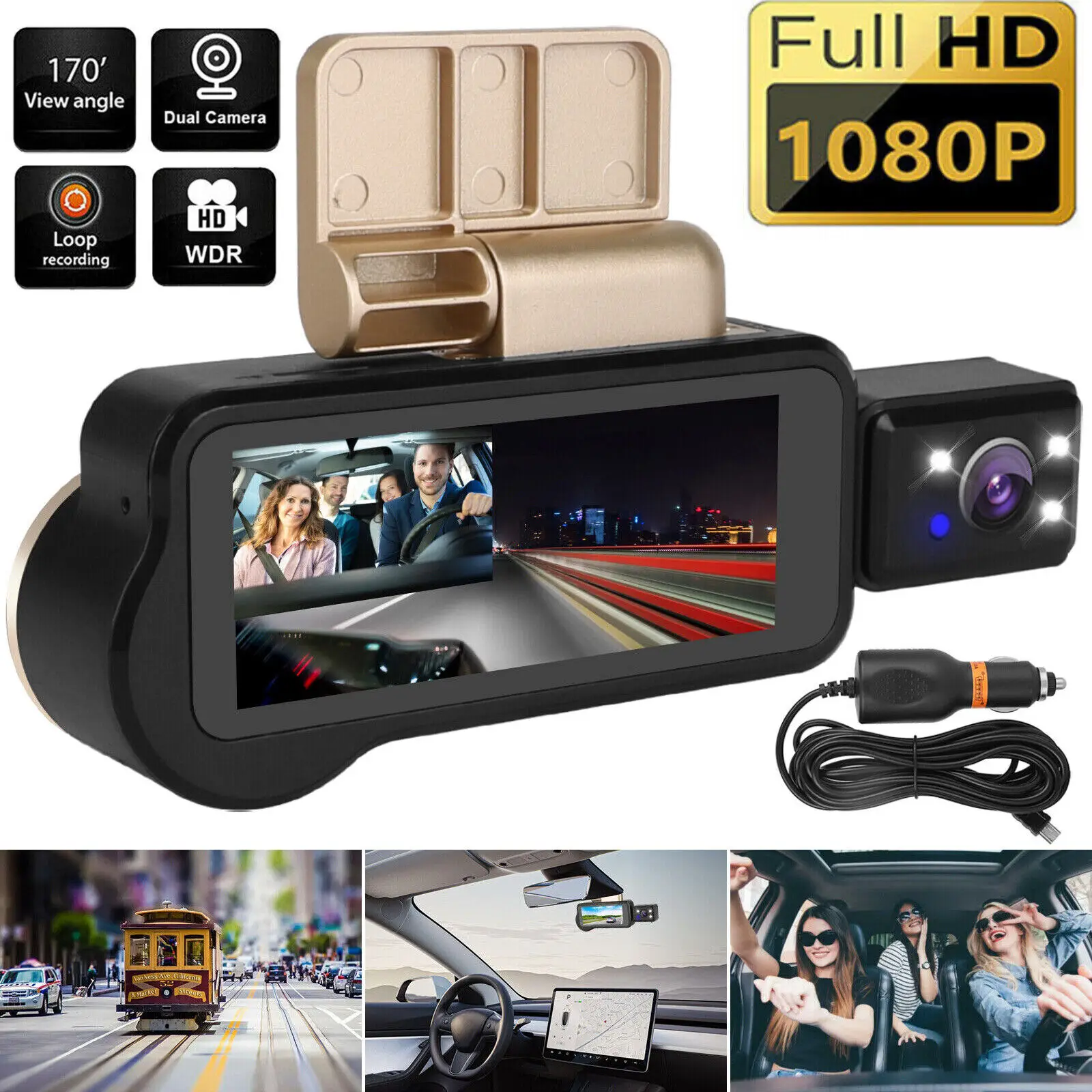 

1080P Dual Dash Cam Car Video Recorder Front Inside Camera Night Vision G-Sensor