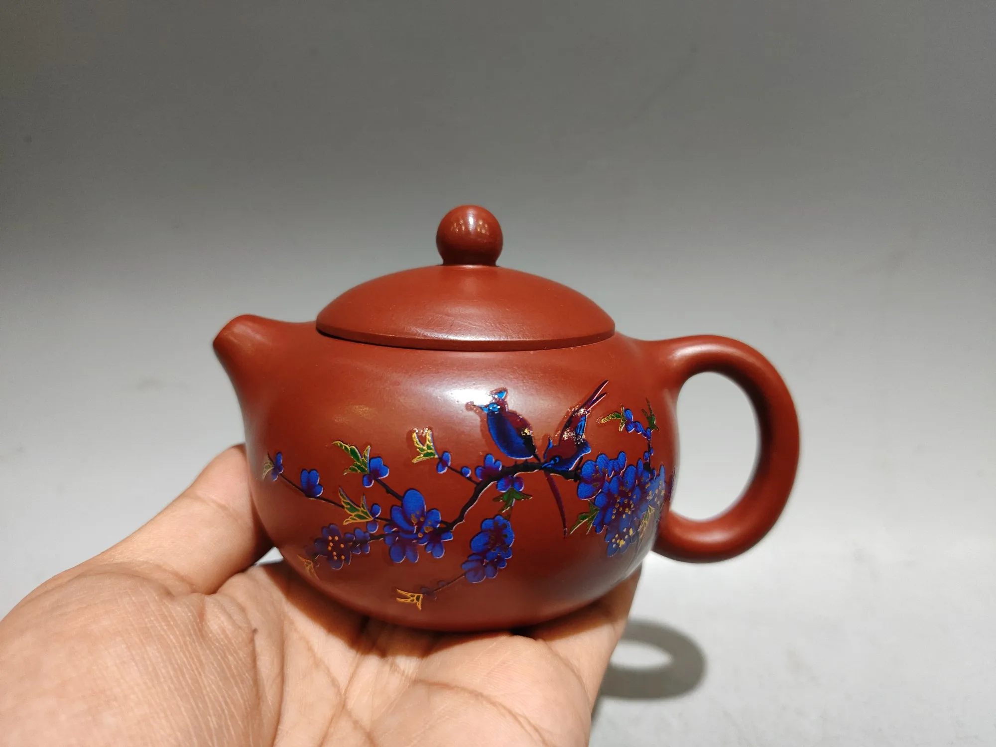 Yixing Purple Clay Pot Painted Magpie and Plum Blossom Pattern Xishi Pot Kettle Teapot Flagon