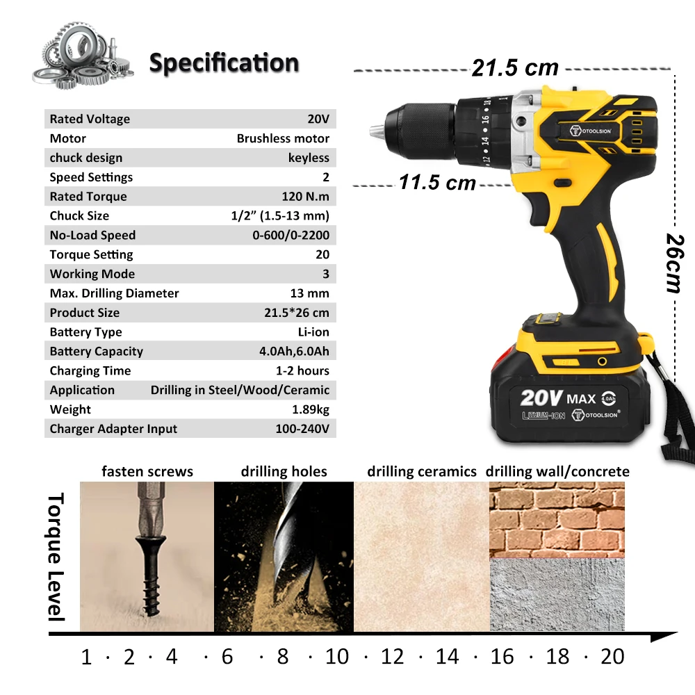 20V Brushless Electric Drill 13MM Cordless Screwdriver Impact Electric Screwdriver for Drilling Concrete and Ice Fishing