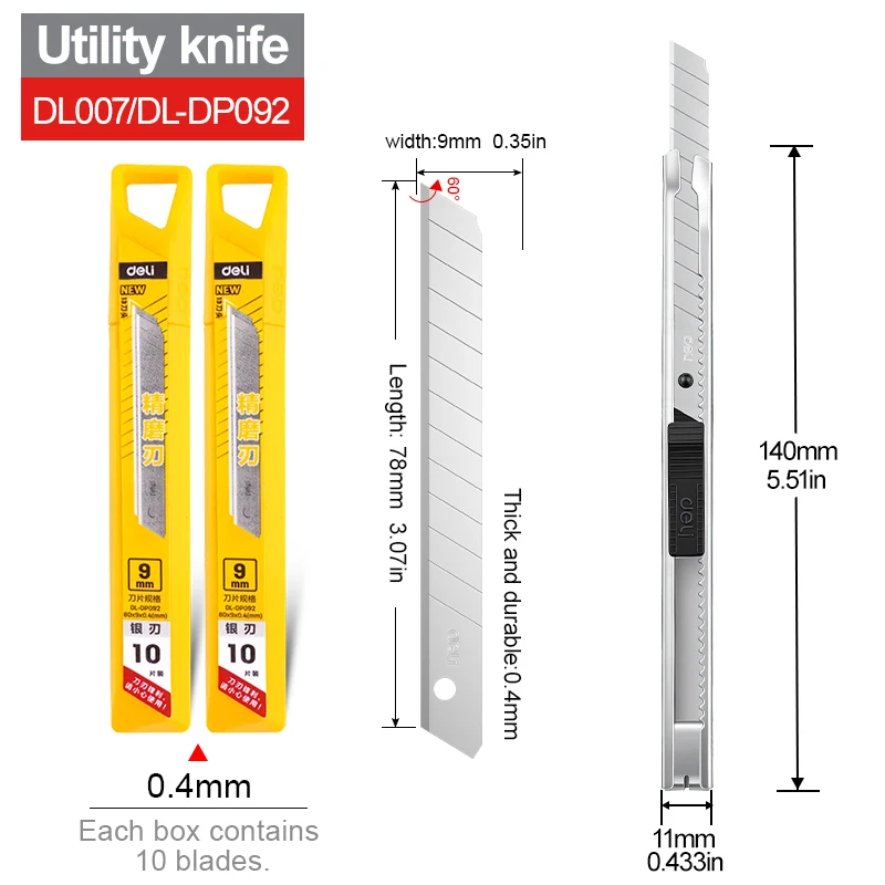 9mm Heavy Duty Utility Knife SK5 Staal Legering Lemmet 60 °   Zilverkleurige rand 0,4 mm dikke tapijt- en behangsnijder