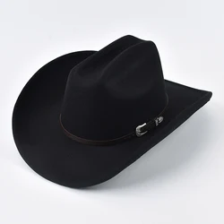 Unisex Western Cowboy Hat With Leather Vintage Big-edge Gentleman Cowgirl Jazz Hat Cloche Church Sombrero Hombre Caps