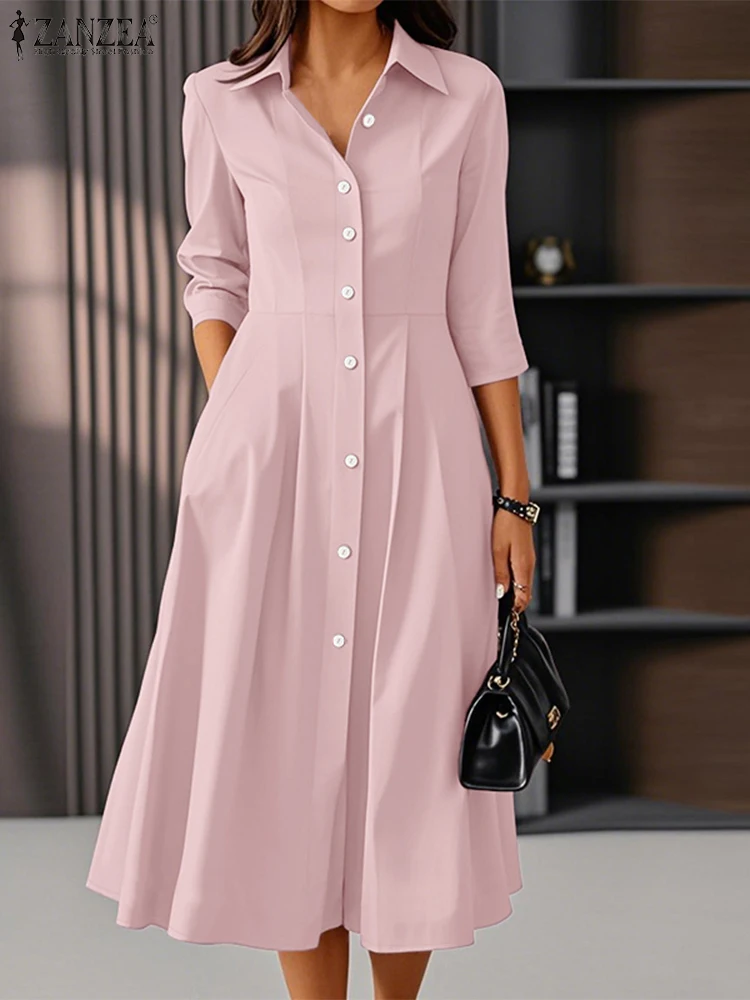 

ZANZEA Elegant Midi Dresses Woman Fashion 3/4 Sleeve Button Up Collared Shirtdress 2025 Autumn Commuting OL A-line Robes Femme