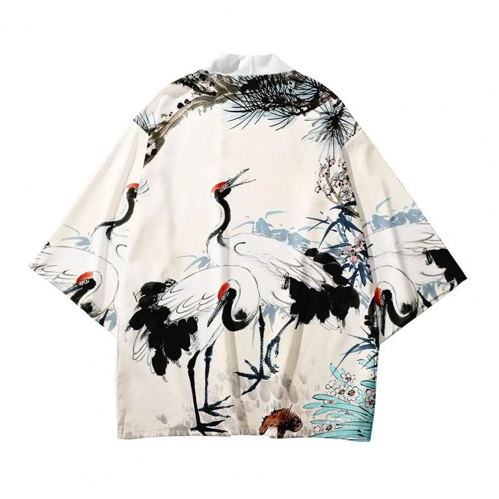 Daily Coat Japanese Style Men's Kimono Cardigan with Bird Print Traditional Three Quarter Sleeve Top Coat for Daily Wear Printed