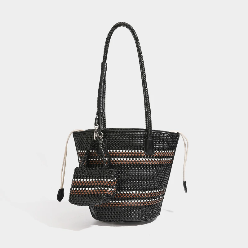Rattan-Geflecht-Marktkorb-Schultertasche mit passender Geldbörse, handgefertigte gewebte Einkaufstasche für Damen, elegante Tragetasche – Detail 19