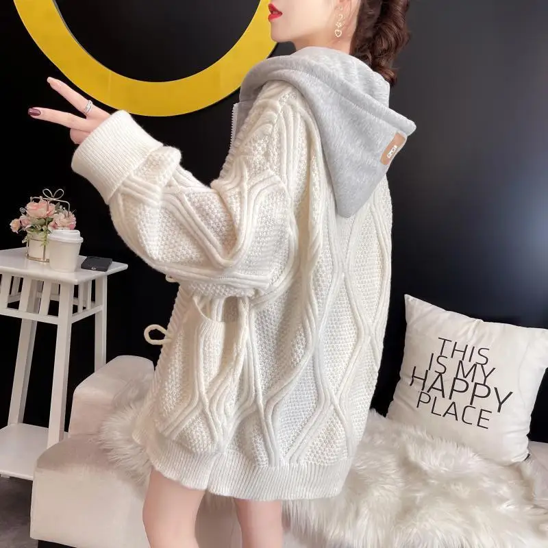 Women's Patchwork Fake Two Piece Hooded Sweater Coats Spring Fall Lady Casual Knitted Jacket Daily Joker Cardigan Female 2025