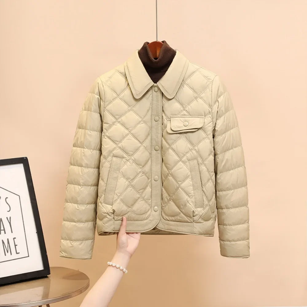 2024 New Winter Turn-down Collar Simple Casual Fashion Warm Down Coat Female Korean Office Lady White Duck Down Jacket Women