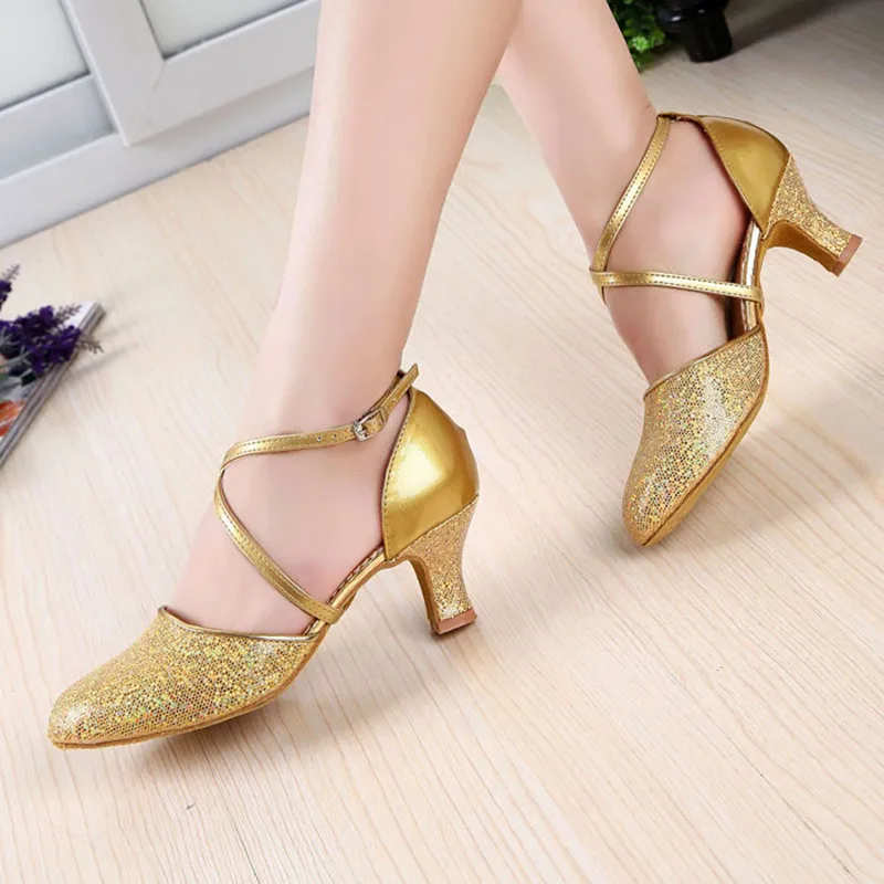 Ballroom Latin Dance Shoes For Women/Girls/Ladies Tango Salsa Closed Toe High Heeled Dancing Glitter Sequin Gold Silver Red