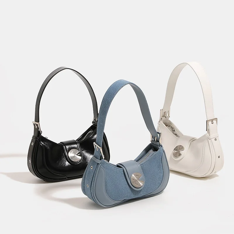 New Fashion Moon Shape Bag For Women Shoulder Bag Girls Underarm Bag Lady Designer Leather + Jean Fabric Material Handbags