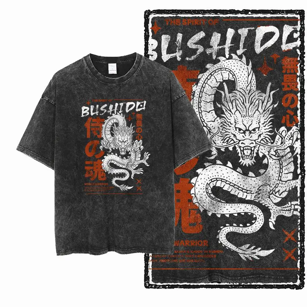G27 Acid Washed Black Cotton Big Size Dragon Graphic Men T-shirt |  Streetwear Cool Vintage O-neck men's Tee Tshirt
