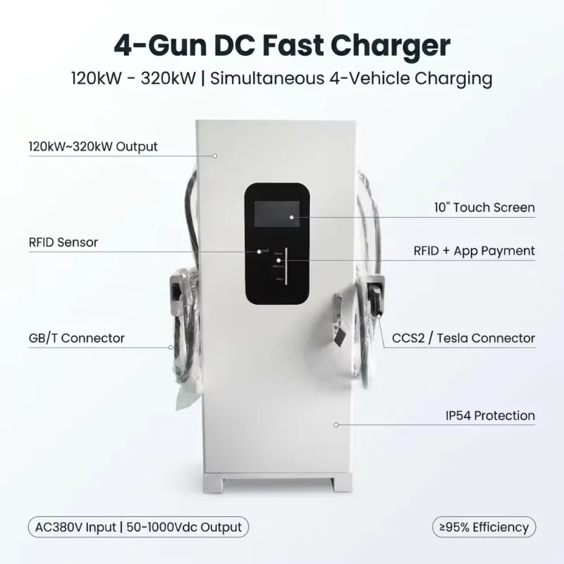 Customized High Efficiency 320KW DC Fast Charging Equipment 4 Four Connectors Large 10 Inch HMI Display IP54 Metal Charger