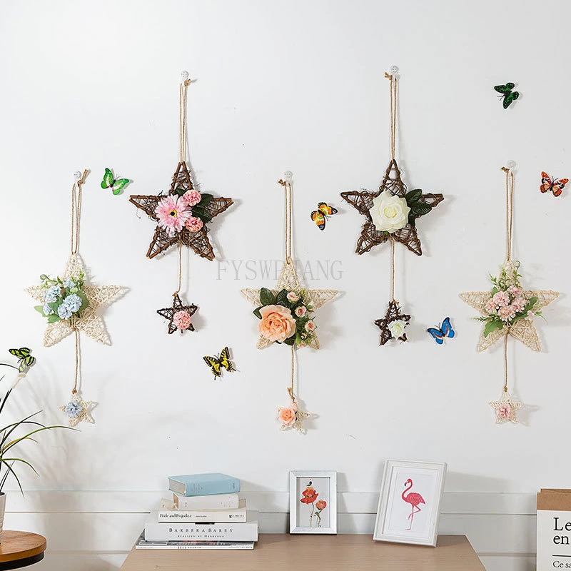 

2pcs Five-Pointed Star Vine Wreath Wall Decoration Artificial Flower Wall Hanging Bedroom Living Room Home Accessories